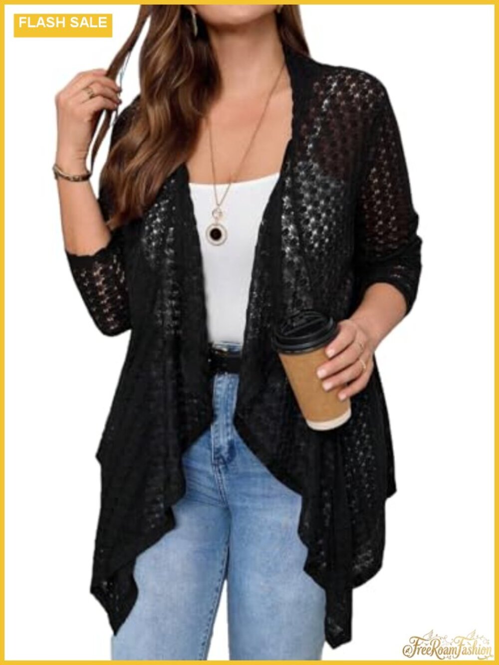 Plus Size Women's Crochet Hollow Out Cardigan - Open Front Half Sleeve